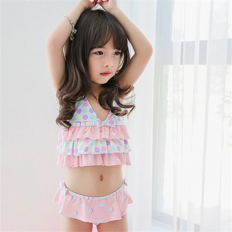 

New Model Kid Girls two piece Swimsuit 1-14 Y Baby Girl Cake layer &dots Swimwear Children Swimming Wear Sling Swim Suit Bathing