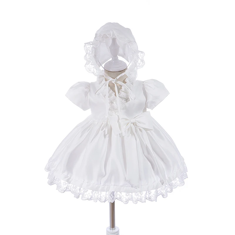 

Christening Dress Ivory Baptism Gown with Bonnet Bow Satin Dress Ruffle V Neck Lace Trim Frocks Vestidos A015 Birthday Clothes