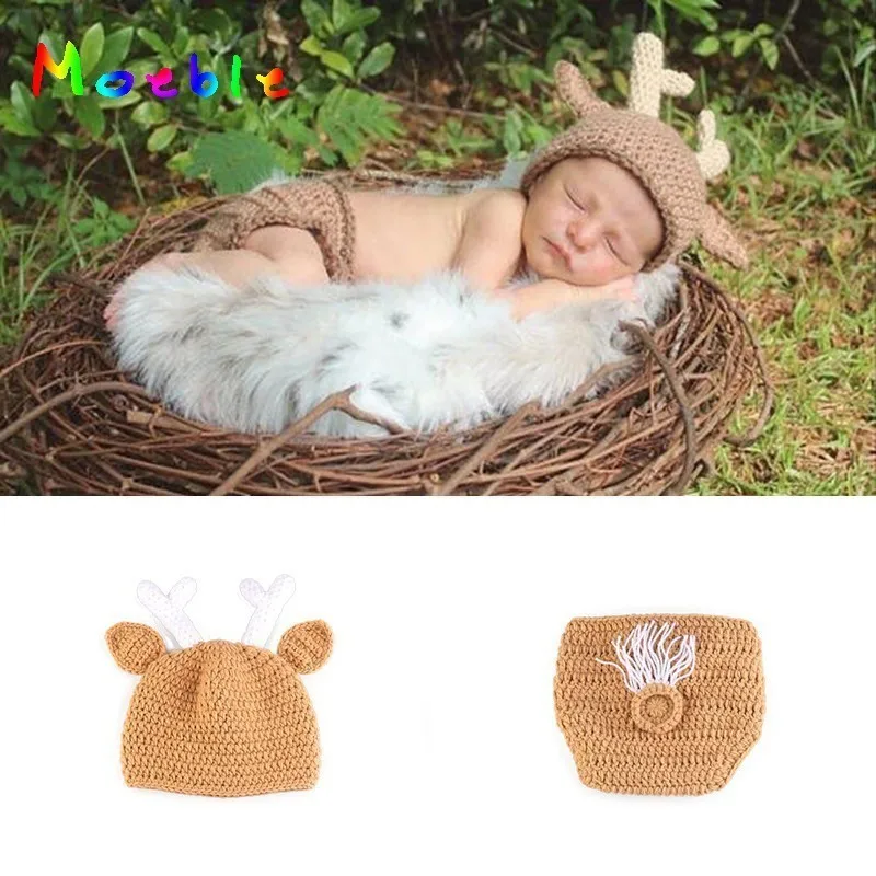 

Khaki Christmas Reindeer Newborn Baby Boy Photo Props Crochet Infant Baby Beanie Costume for Photo Shoot Knitted Baby Hat Winter
