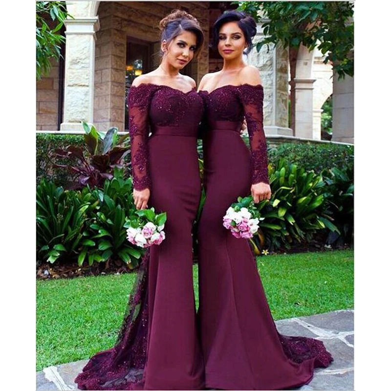 2016-Burgundy-Lace-Beach-Party-Mermaid-Long-Bridesmaid-Dresses-Arabic-Off-shoulder-Long-Sleeve-Wedding-Party