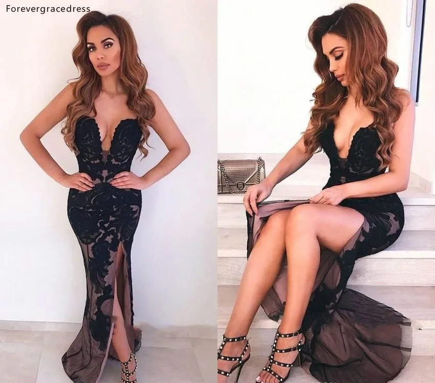 2019 Sexy Plunging Neck Split Evening Dresses Black Appliqued Sweetheart Long Arabic Vestidos Party Gowns Prom Dress BC0903  118 (4)