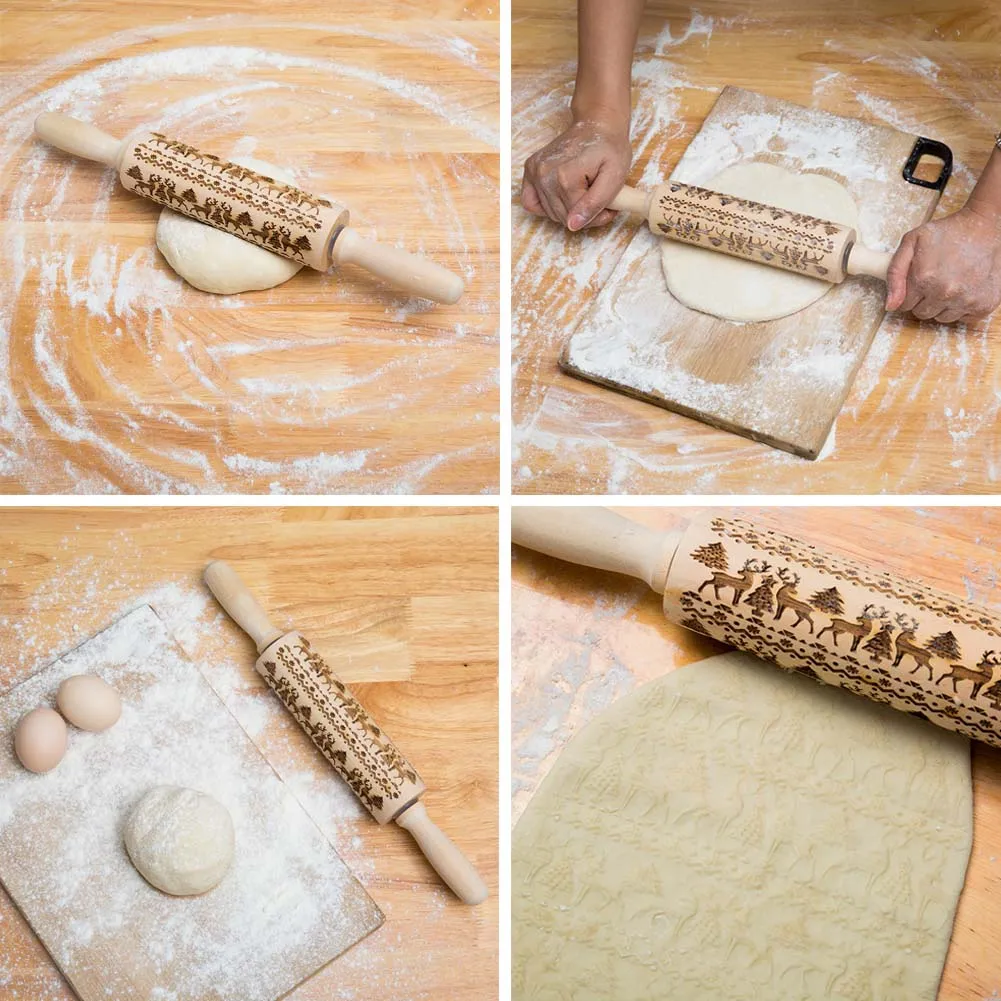 High Christmas Rolling Pin Engraved Carved Wood Embossed Kitchen Tool UEJ | Дом и сад