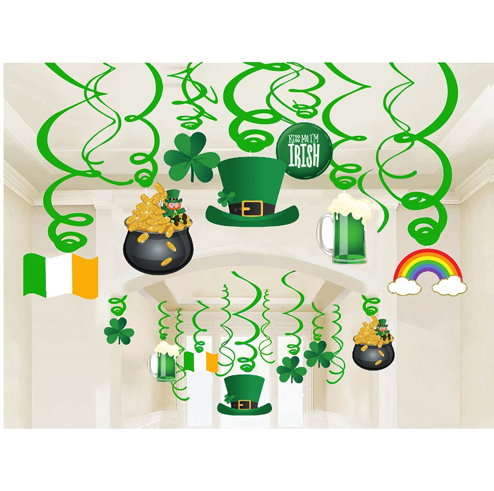 Ирландский День Святого Патрика темативечерние вечеринка украшения Lucky Green Shamrocks Флаг Ирландии ПВХ Висячие вечерние Swirl партии фонов