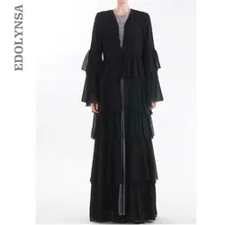 2019 Исламская Костюмы скромные мусульманское платье Черный Многоуровневого Воланами Volants марокканской кафтан элегантный Турецкая кимоно
