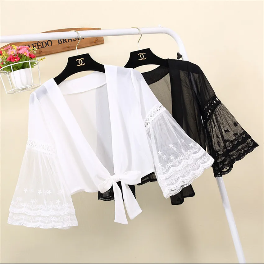 

2019 Summer S-2XL Women Short Chiffon Cardigan Blouse Lady Long Sleeve Lace Shirts Sun Protection Clothing Cape Beach Shirt 763
