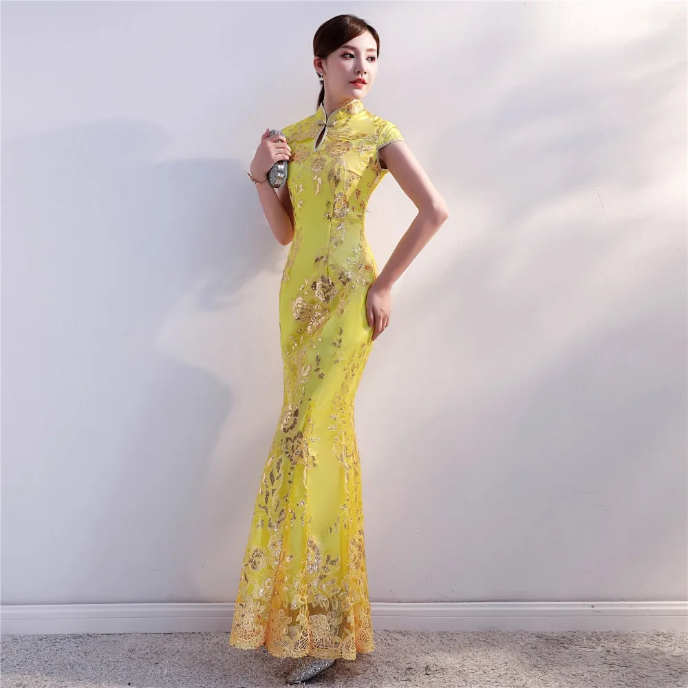 Шанхай история золото китайское традиционное платье цветочный блестками Длинные Русалка Qipao короткий рукав кружево традиционное китайское платье