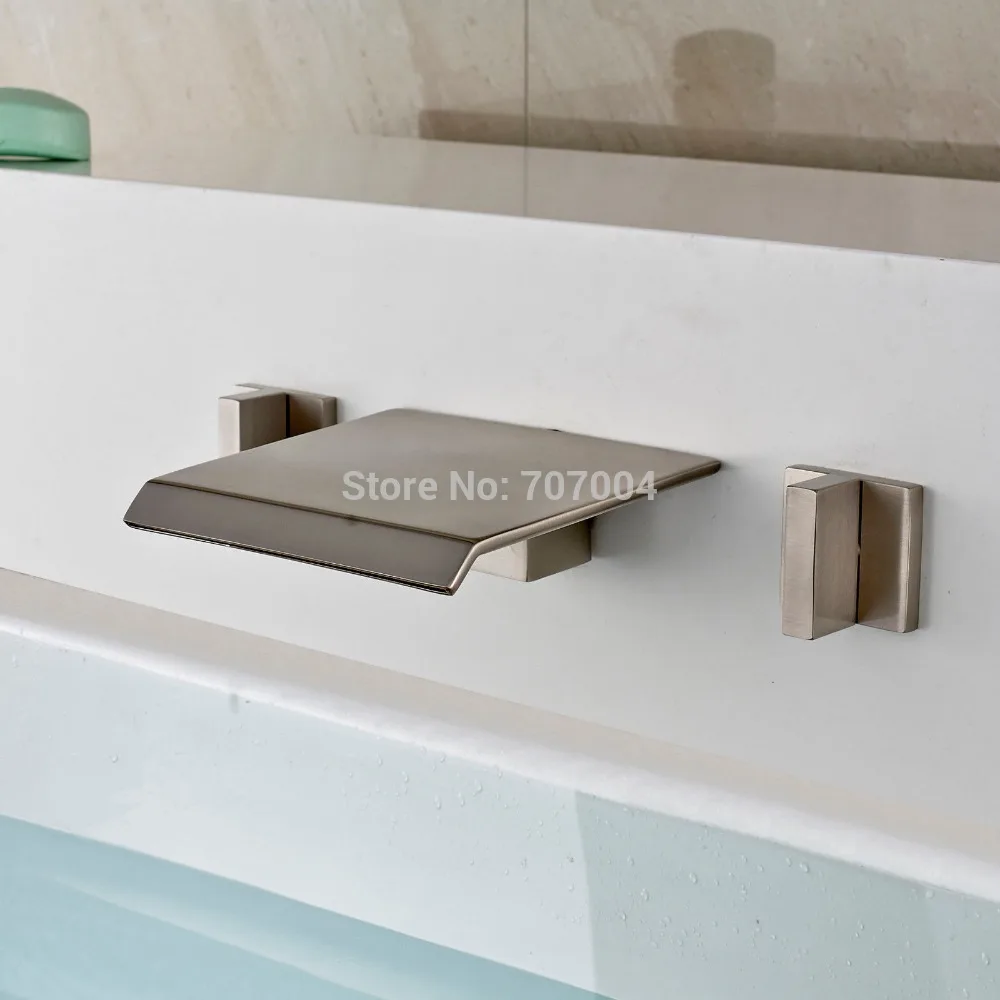Classic Wall Mounted Waterfall Dual Handles Basin Sink Mixer Faucet Brushed Nickel Finished Basin Sink Mixer