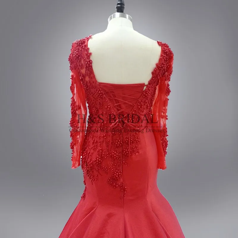 Реальное фото vestido de festa longo красное сексуальное роскошное жемчужное вечернее платье с длинными рукавами и вышивкой