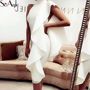

SoAyle Knee Length Slim Celebrity Night Party Dress Women Sexy Bodycon 2018 Ruffles Cocktail Dresses Bandage Gowns
