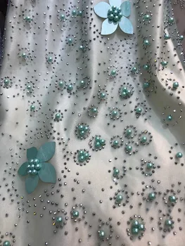 

luxury 3d flower embroidered African SH-6619 tulle lace fabric with beads French net lace fabric