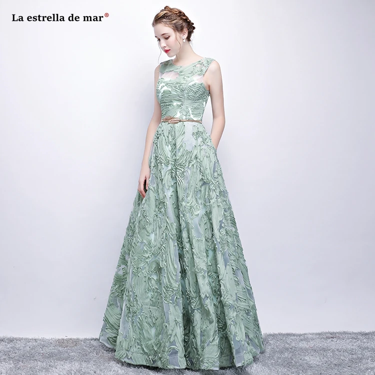 Халат d'd'honneur новое из кружева, с вырезом на шее Вышивка линии мятно-зеленого цвета платье подружки невесты длинное Плюс Размер vestido madrinha