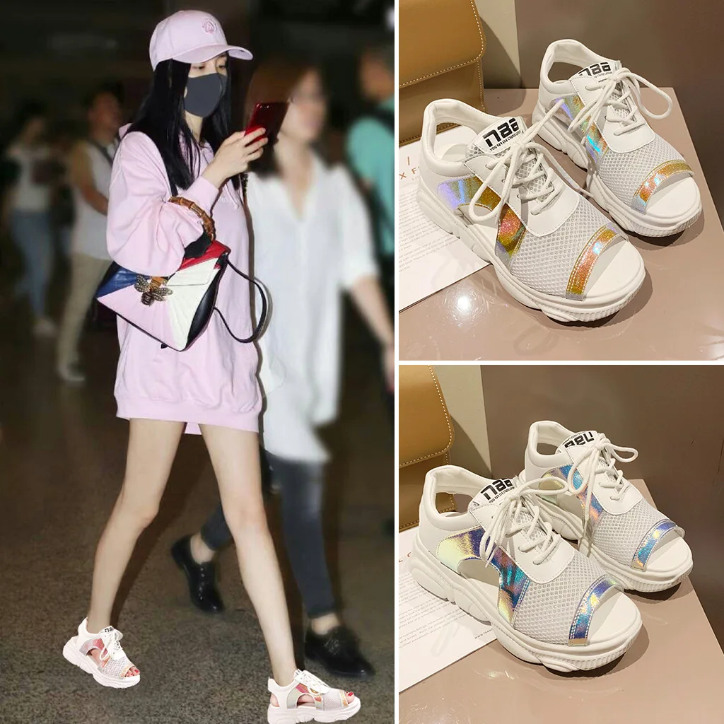 

Summer sandals women 2019 new explosive sneakers women breathable mesh bright colored bear sandals thick white shoes