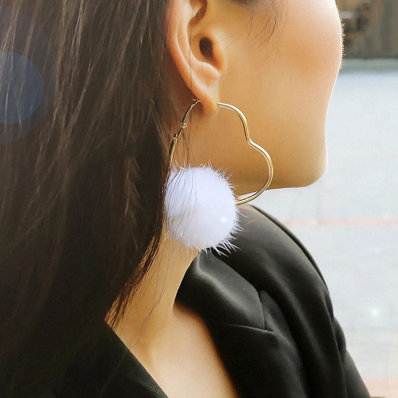 Cute Korean Mink Fur Pom Pom Ball Dangle Earrings for Women Sweet Big