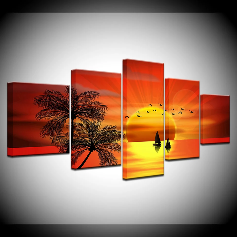 Холст картины orange закат с птица лодка 5 шт. стены Книги по искусству живопись модульные обои плакат Принт Гостиная Home Decor