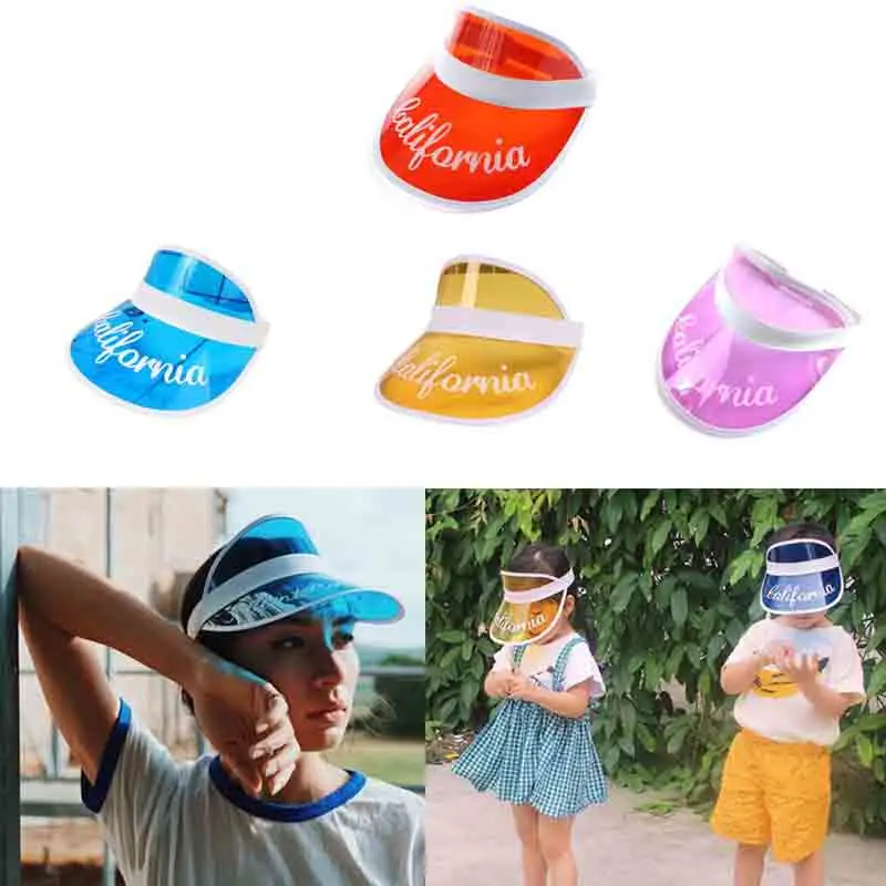 

Women Summer Sweet Candy Color Sun Visor Hat Empty Open Top Transparent UV Protection Letters Printed Tennis Beach Plastic Cap