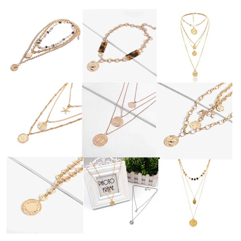 

2019 Multi Layer Long Chain Pendant Choker Necklace Collier Coin Retro Queen Jewelry Female statement Boho Collar Necklaces