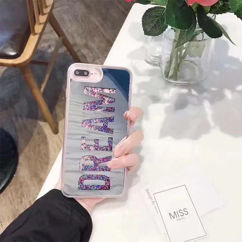 

Fashion Letter Dearm Mirror Bling Dynamic Liquid phone case For iPhone X 6 6S 7Plus Glitter Quicksand PC+TPU Back Cover case