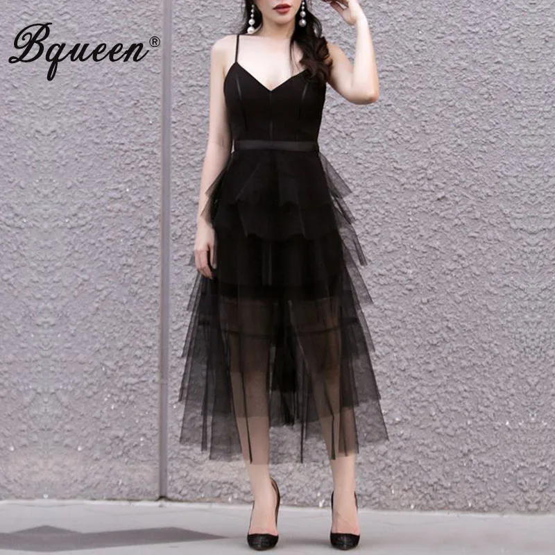 

Bqueen 2019 New Women Sexy Dress Spaghetti Strap Black Lace Tiered Dress Ball Gown Party Dress