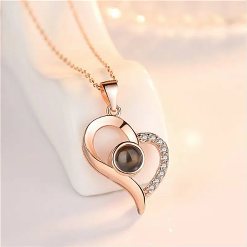 

Projection pendant necklace sterling silver 100 languages I love you Peach heart romantic love memory his girlfriend a birthday