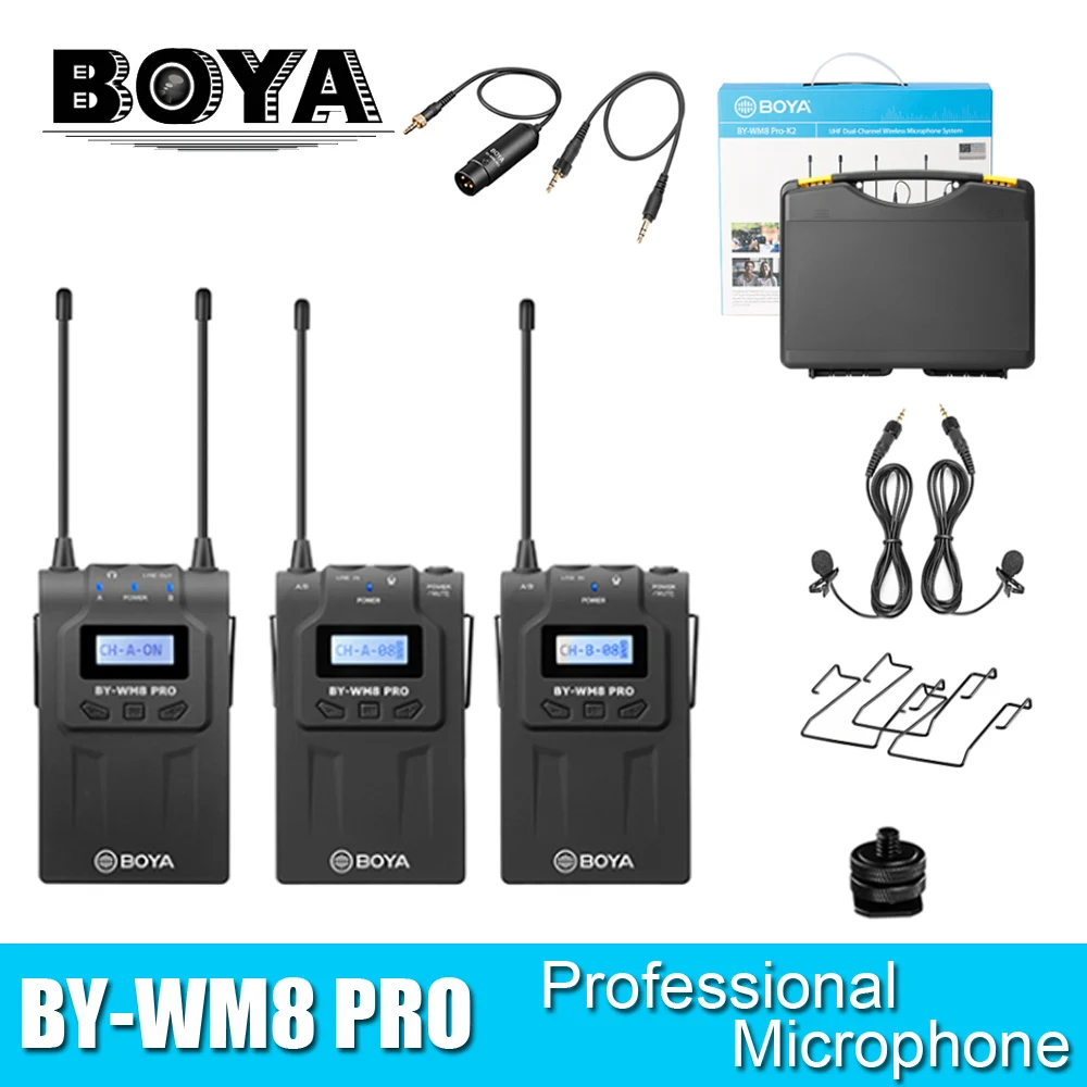 

BOYA BY-WM8 Pro Microphone condenser Wireless Mic System Audio Video Recorder 2 Transmitters 1 Receiver for Canon Nikon Camera