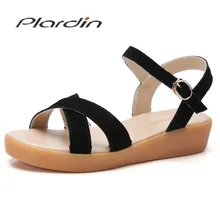 Plardin/Новая женская обувь; Летние повседневные женские пляжные сандалии из мягкой кожи на плоской подошве с ремешком на щиколотке