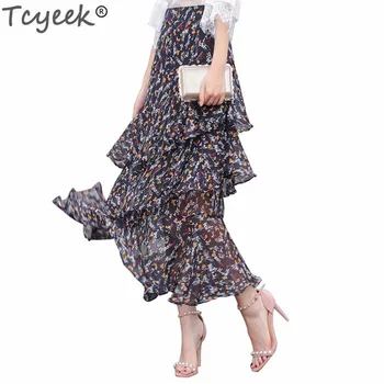 

Tcyeek Women's Skirt 2019 Newest Fashion Chiffon Skirts Long Sweet Print Floral Ruffles Asymmetrical Office Lady Clothing LWL366