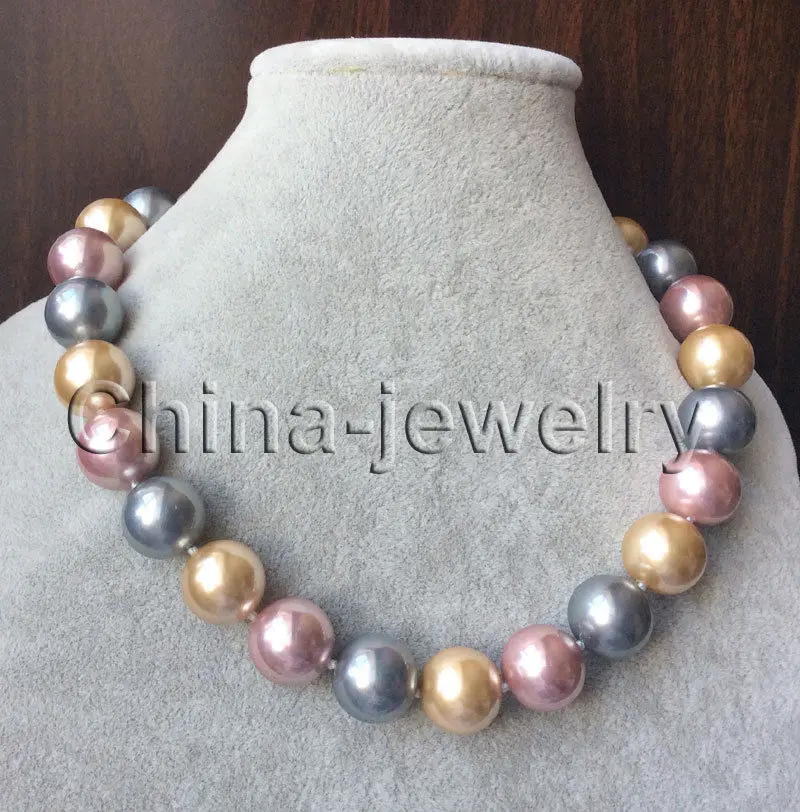 

FREE SHIPPING HOT sell new Style >>>>18" 16mm golden gray purple 3color perfect round south sea shell pearl necklace