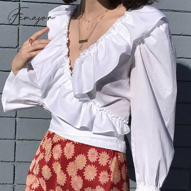 

Femajor Women V Neck Wrap Crop Tops and Blouse 2019 Autumn Winter Fashion Vintage Ruffle Bell Sleeves Short Shirt Mujer Blusa