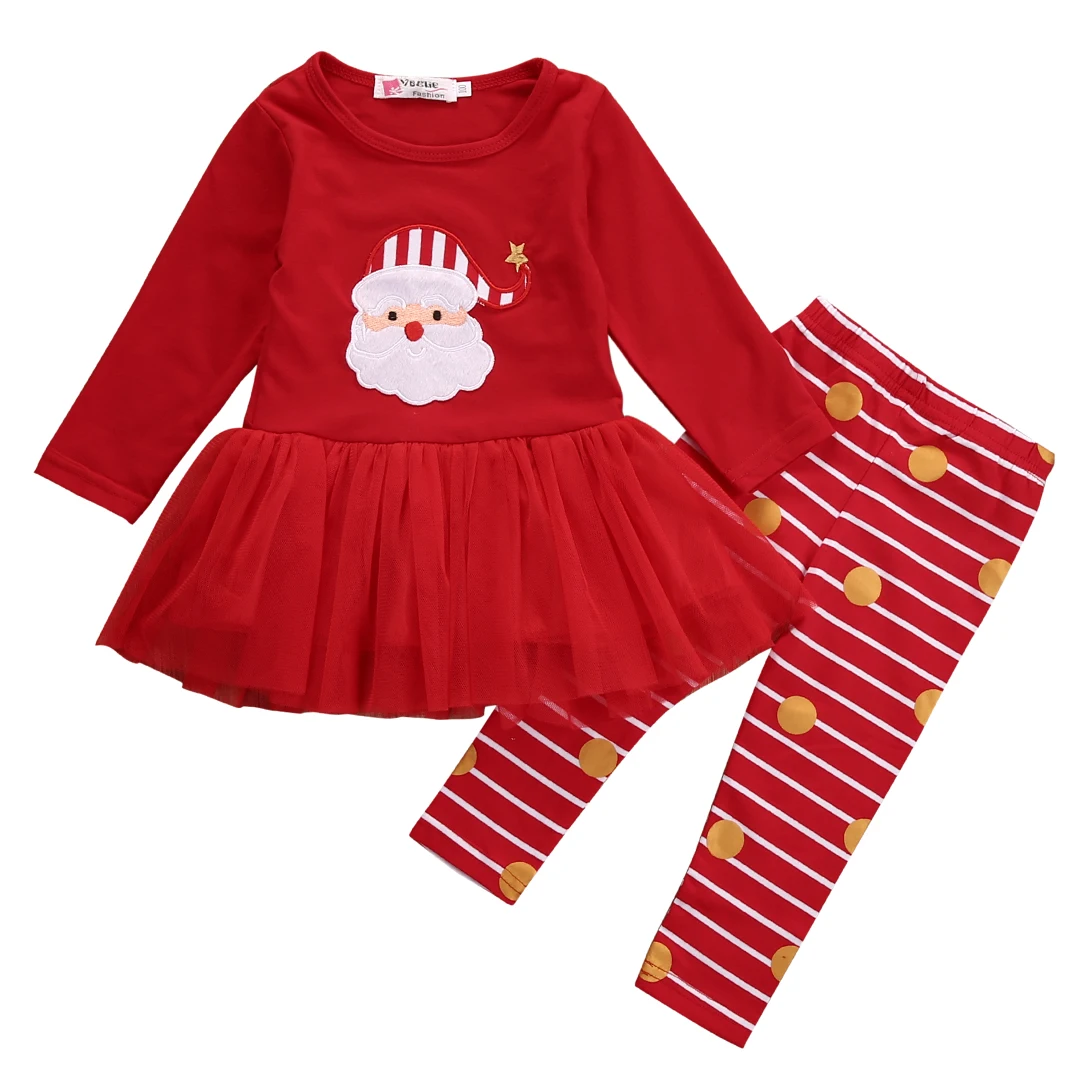 Рождественская Одежда для девочек из 2 предметов детский красный топ с оборками и рисунком для девочек+ штаны в полоску Одежда для маленьких девочек комплект одежды для девочек - Цвет: Красный