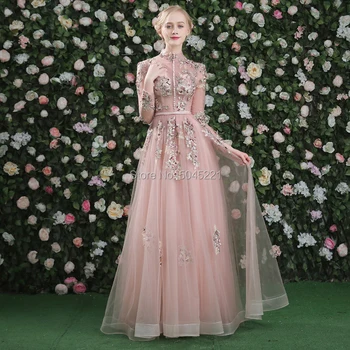

Kaftans Dubai Evening Dress Pink Long Sleeves Floral Print Lace Up Party Gowns Robe De Soiree 2019 Muslim Appliques Prom Dress