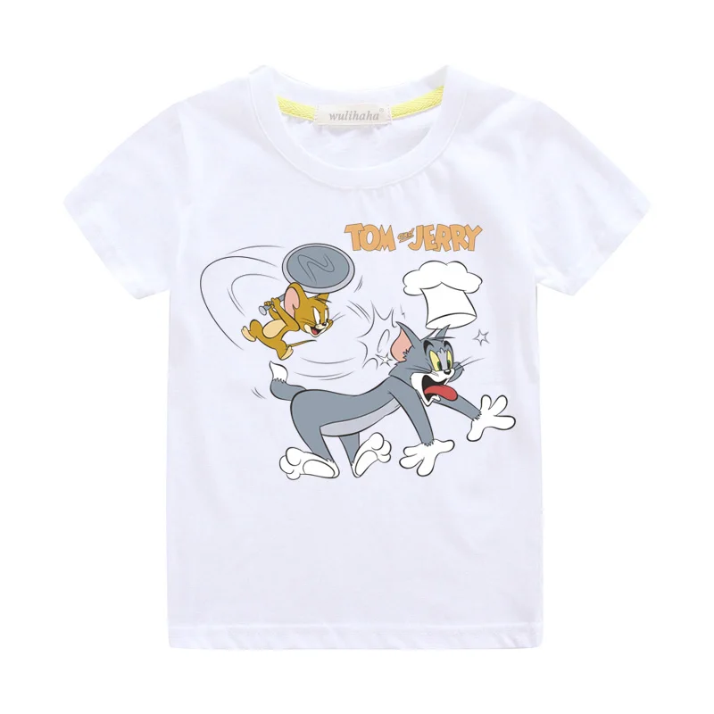 Детские футболки с принтом «Том и Джерри»; летние футболки для мальчиков; костюм; повседневные футболки для девочек; Верхняя одежда; Детские Забавные Рубашки с героями мультфильмов; ZA053