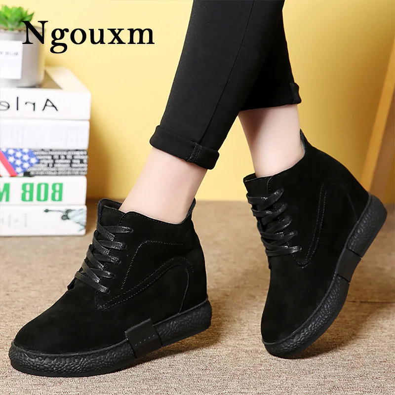 

Ngouxm Winter Women Short Plush Boots Flats woman Warm Leather Shoes Riding Equestrian Ankle Boots Height Increase Lace up woman