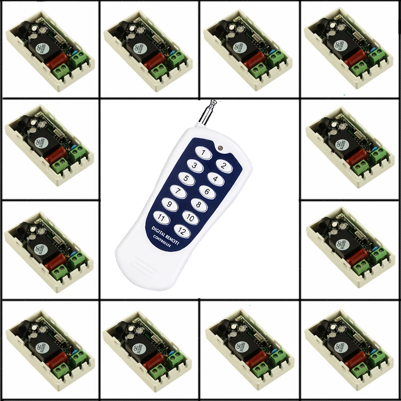 

AC 220V 12CH 10A Relay Remote Switch Light Lamp LED Motor Machine RF Receiver Transmitter Wireless Switch 315/433