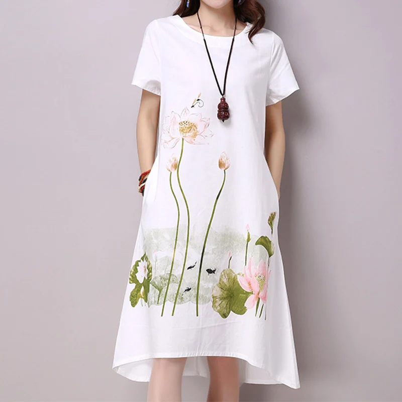 

Cotton Linen Women's Short Sleeve Midi Dress Floral Print O-Neck White Feamle A-Line Dresses Summer 2019 Pockets Ladies Clothes