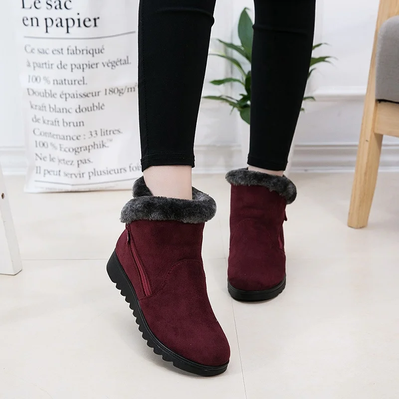 

2018 Women Winter Suede Furry Lined Zipper Short Ankle Snow Boots