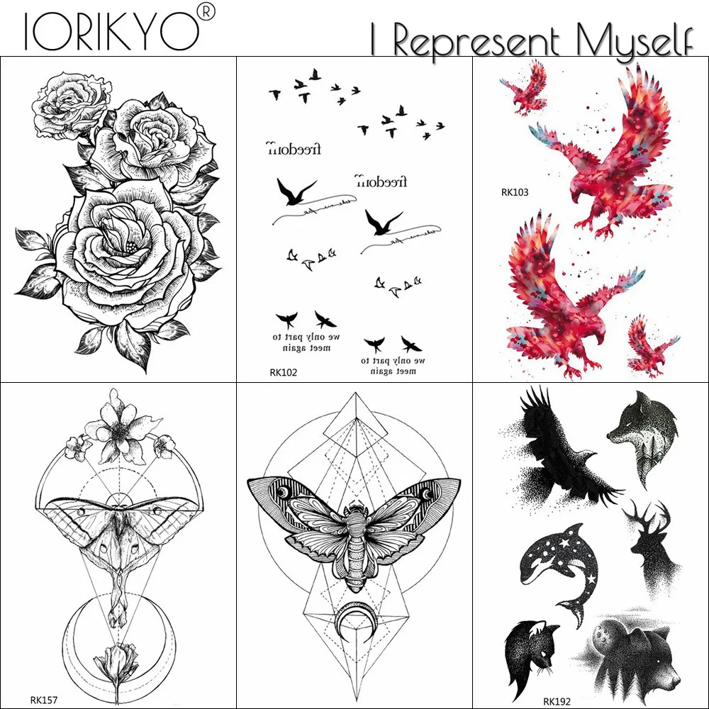 

Геометрическая временная татуировка IORIKYO от моли, маленькие птички, наклейки для мужчин, сундука, Орел, фальшивые татуировки, черные женские цепочки, Цветочные татуировки, животные