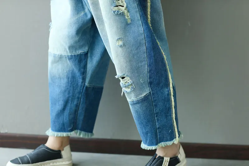 Джинсы размера плюс с высокой талией, женские джинсы с дырками и кисточками, Новое поступление, джинсовые женские штаны длиной до щиколотки, свободные штаны в стиле хип-хоп с карманами на молнии
