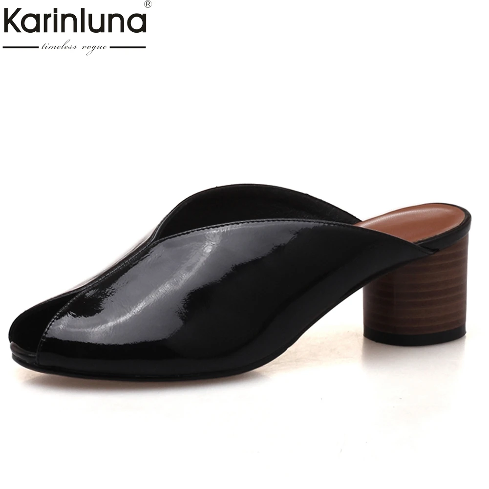 

2019 Fashion Hot Sale Genuine Leather Peep Toe Chunky Heels Summer Shoes Mules Woman Pumps Woman Shoes Woman