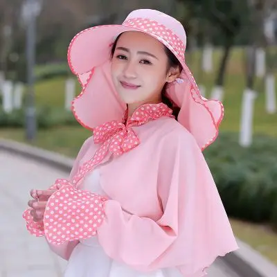 Хлопковые летние женские шапки в горошек с большими карнизами, складные, покрытые лицом, на шее, для велоспорта, анти-УФ, шляпа от солнца - Цвет: Pink shawl