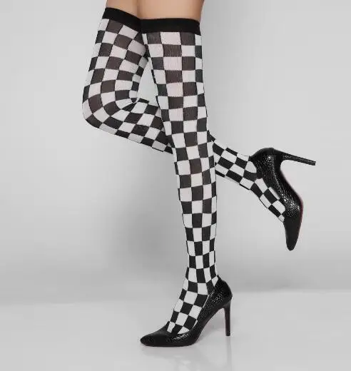 Fashion Stockings for Women Sexy Knee Socks New Women Grid Stockings Female Cotton Thigh High Stockings Black with white
