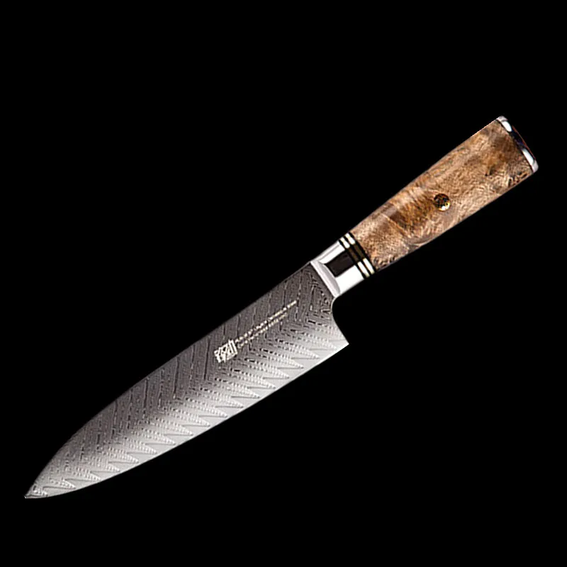 

FINDKING 8 Inch Japanese Aus-10 Damascus Steel Sapele Wood Handle Arrow Pattern Utility Knife 67 Layer Kitchen Chef Fruit Knife