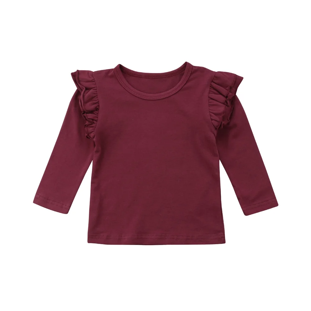 Коллекция года, весенне-осенняя футболка с длинными рукавами для девочек Однотонные топы из хлопчатобумажной смеси для маленьких девочек