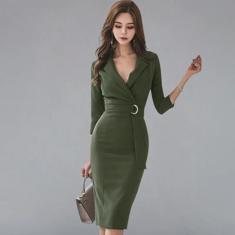 

MSSNNG Sexy V-neck 3/4 Sleeve Soid Color Pencil Dress Women 2019 Autumn Waist Sheath Bodycon Dresses Wear To Work Vestidos