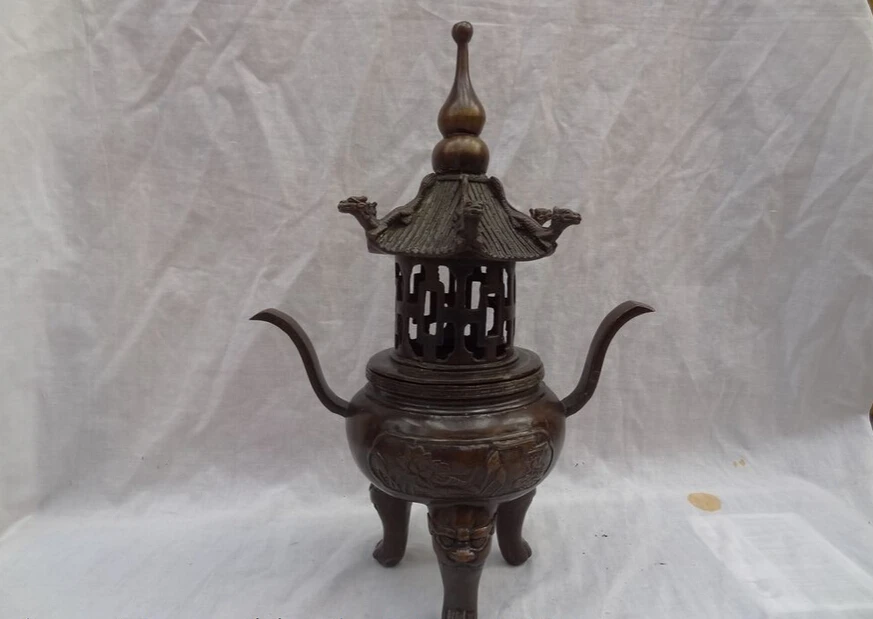 

USPS to USA S1472 12" Chinese Bronze Dragon Lion Statue Tibet Buddha Stupa Incense Burner Censer (B0328)