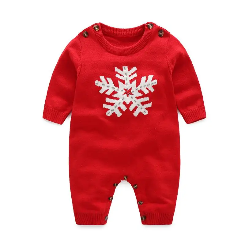 Трикотажный комбинезон со снежинками; одежда для малышей; вязаные Комбинезоны из чистого хлопка; шерстяная одежда для малышей; зимние комбинезоны с длинными рукавами для детей от 0 до 24 месяцев - Цвет: red