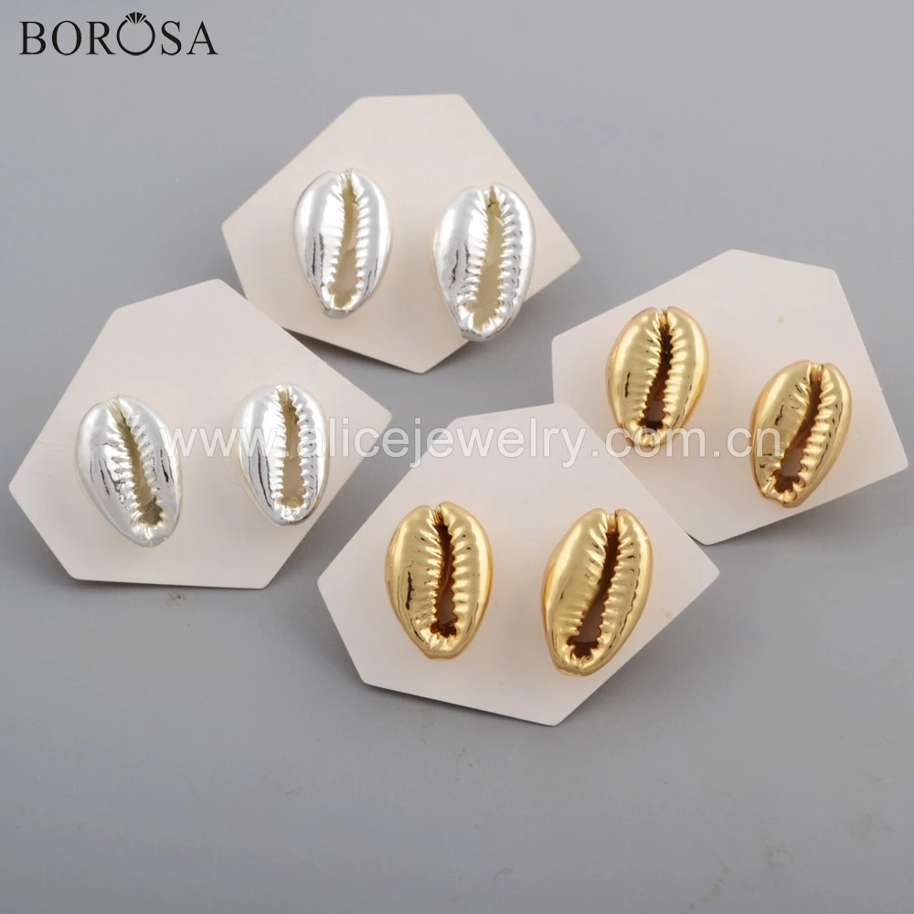BOROSA дизайн 5/10 пар в комплекте; ювелирные изделия из чистого золота/натуральный серебристый цвет раковина Каури серьги-гвоздики пляж ювелирные изделия из раковин для Для женщин G1771