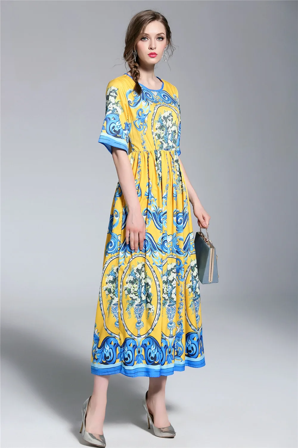 Дизайнерские платья взлетно-посадочной полосы 2018 высокое качество Для женщин модное летнее платье Винтаж печатных роскошные длинные