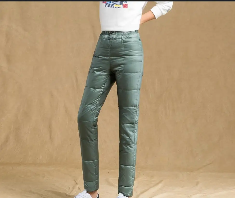 Зимние Пуховые штаны для женщин, повседневная верхняя одежда, эластичная талия, зимние утепленные брюки размера плюс, теплые - Цвет: Армейский зеленый