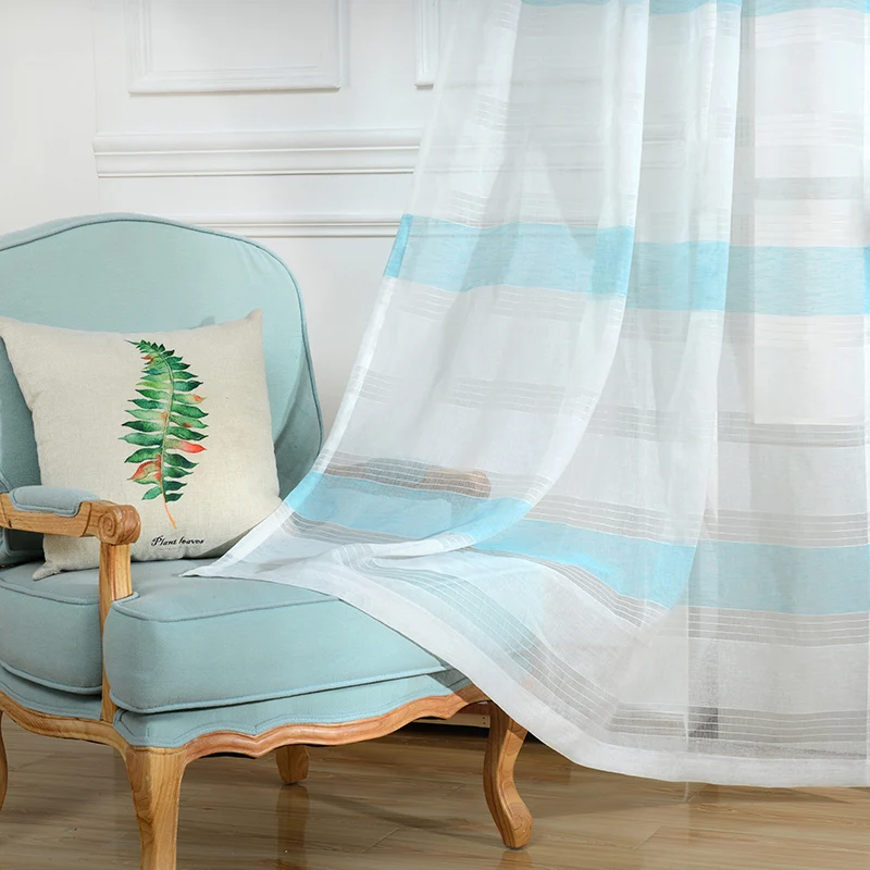 Sky Blue Horizontal Striped Curtains for Living Room Window Sheer Curtains for Bedroom Modern Curtains for Kids Striped Tulle (4)