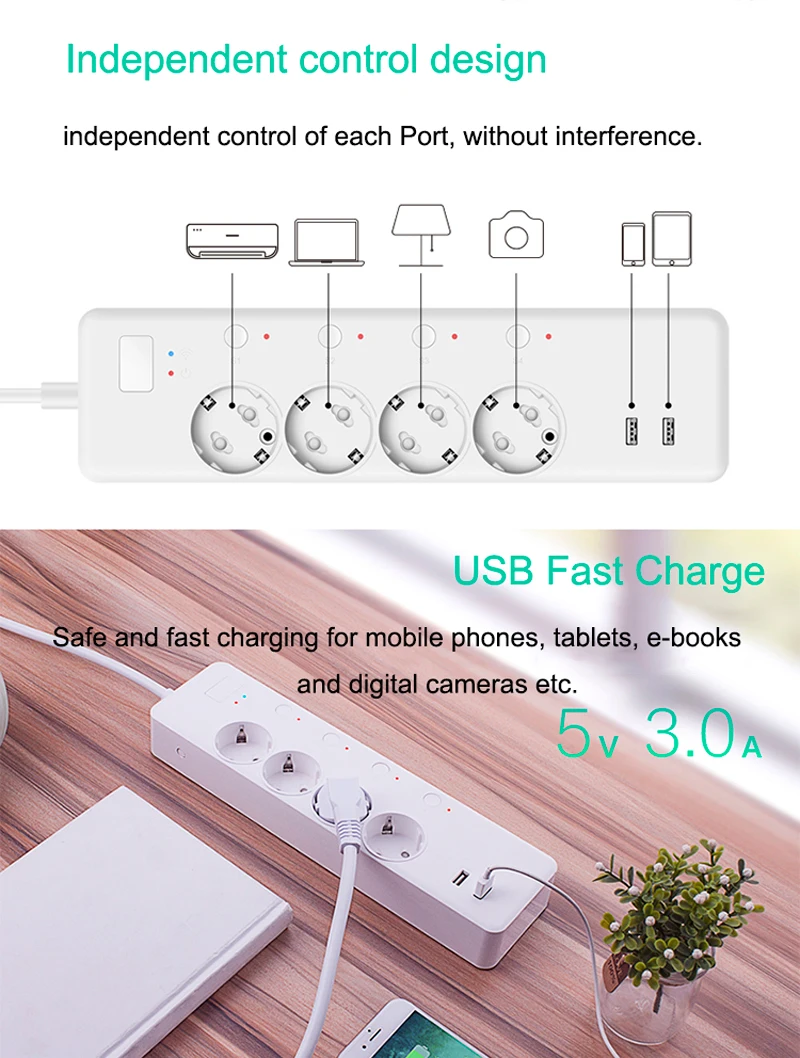 Умная Wi-Fi мощность полосы ЕС Plug 2USB 1,8 м розеточный удлинитель питания сетевой фильтр таймер стабилизатор напряжения поддержка Alexa Google IFTTT